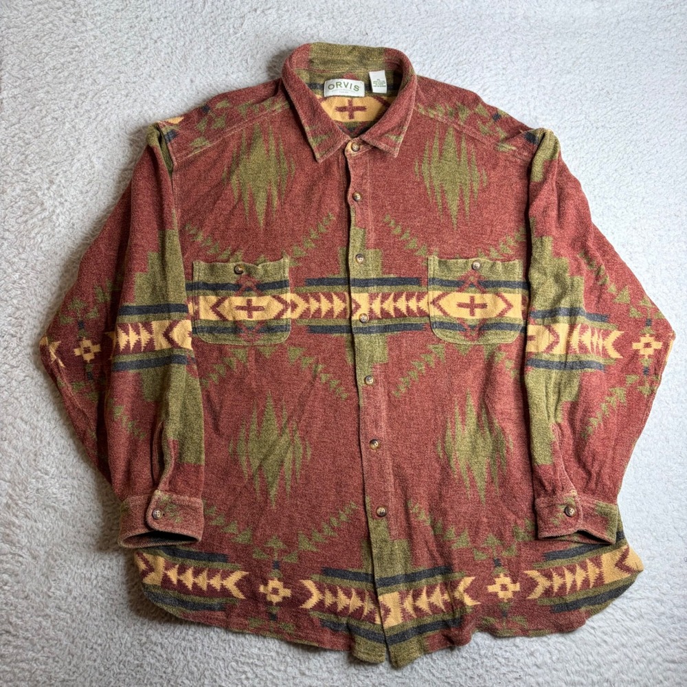 Orvis Mens XL Southwestern Geometric Heavy Cotton Button Towel Material Work
